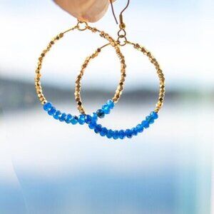 Blue Sodalite Sparkly Gold Hoop Earrings Fun dangle earrings Waterproof Jewelry